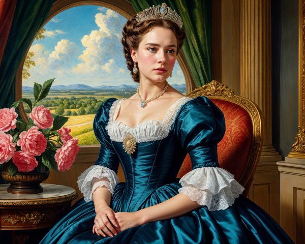 Young Woman in Elegant Blue Gown with Regal Setting