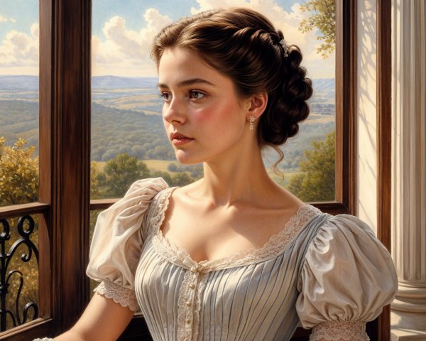 Young Woman in Light Blue Gown by Ornate Window