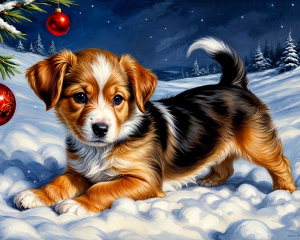 Puppy in Snowy Landscape with Festive Decorations