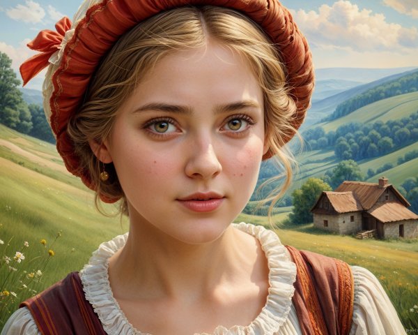 Young woman in rustic outfit with serene landscape backdrop