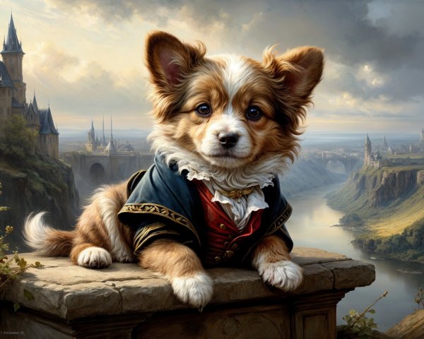 Charming Dog in Historical Outfit on Scenic Ledge