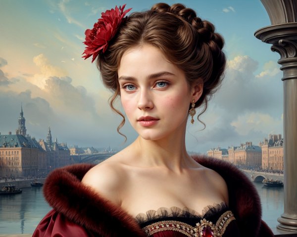 Young Woman in Elegant Off-the-Shoulder Gown with Cityscape