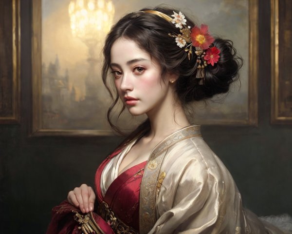 Portrait of a woman in traditional attire by a chandelier