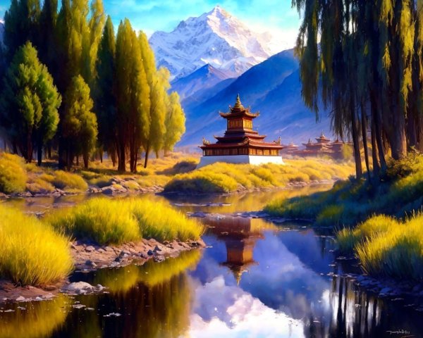 Traditional temple in serene landscape with river, trees, and mountain