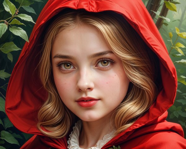 Young girl in red cloak with green eyes in greenery