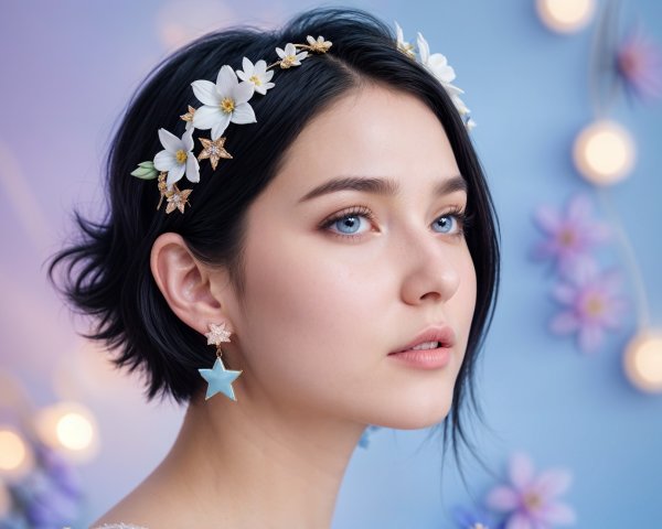 Young woman with floral headband in serene setting