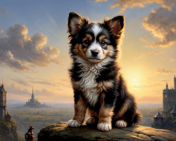 Fluffy Tri-Color Puppy on Rocky Ledge at Sunset
