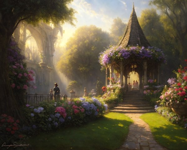 Tranquil garden scene with flower-covered gazebo and walking path
