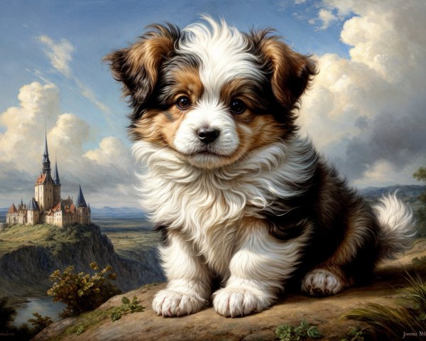 Tri-colored puppy on grassy outcrop with castle backdrop