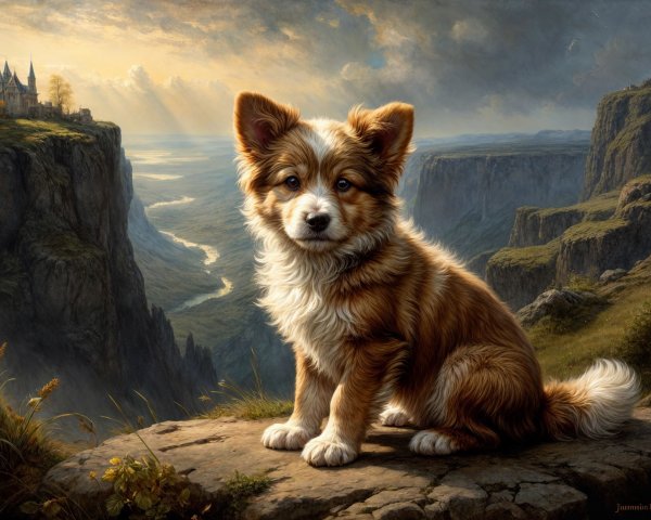 Fluffy Reddish-Brown Dog on Rocky Ledge with Castles