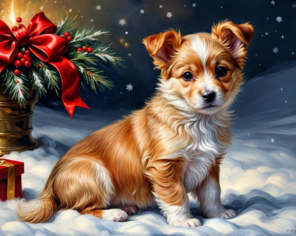 Fluffy Puppy on Snowy Surface with Holiday Decor