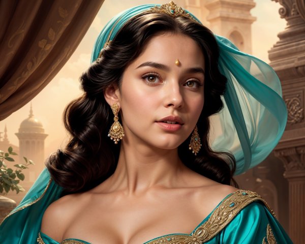 Young Woman in Elegant Turquoise Gown in Palatial Setting
