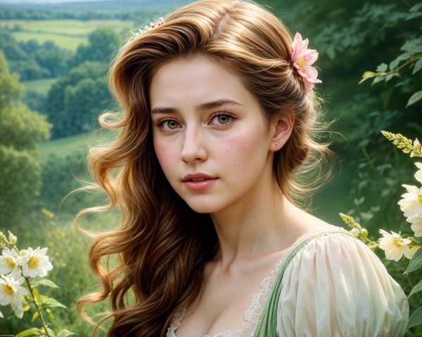 Young Woman in Green Dress Surrounded by Nature