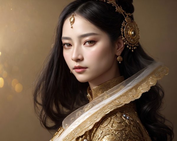 Regal woman in gold-trimmed dress and jewelry on warm background