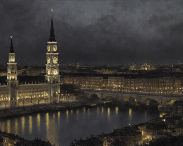 Cityscape with Two Clock Towers, Bridge, River, and Cloudy Sky