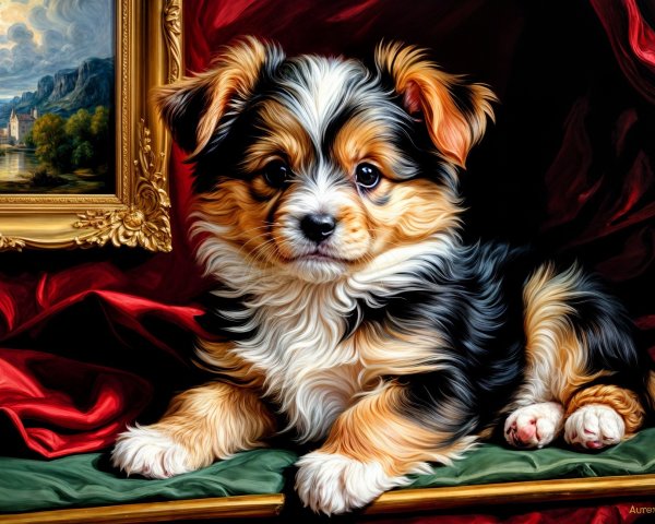 Charming Puppy on Plush Green Surface with Regal Background