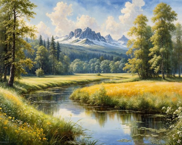 Tranquil River and Vibrant Meadows in Serene Landscape