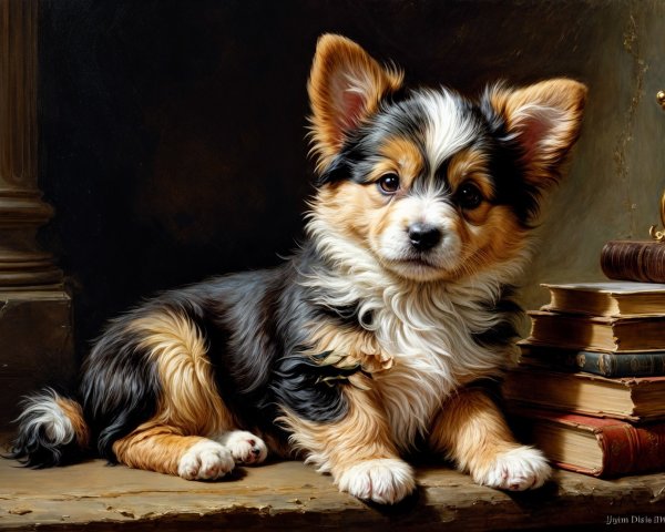 Corgi Puppy with Fluffy Fur on Wooden Surface