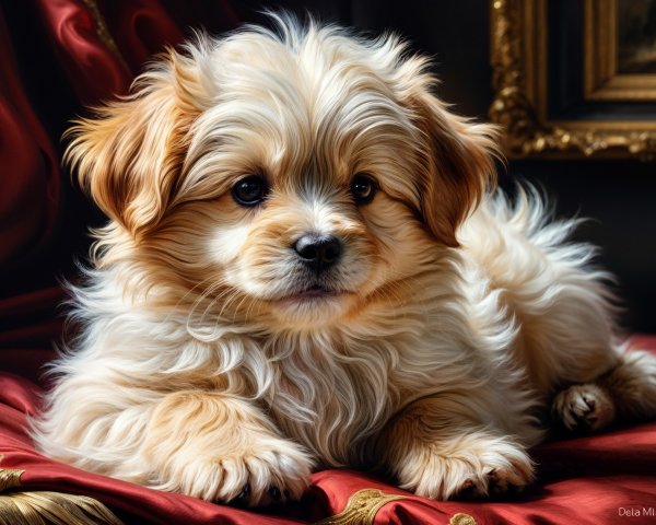 Fluffy Golden Puppy on Luxurious Red Velvet Cushion