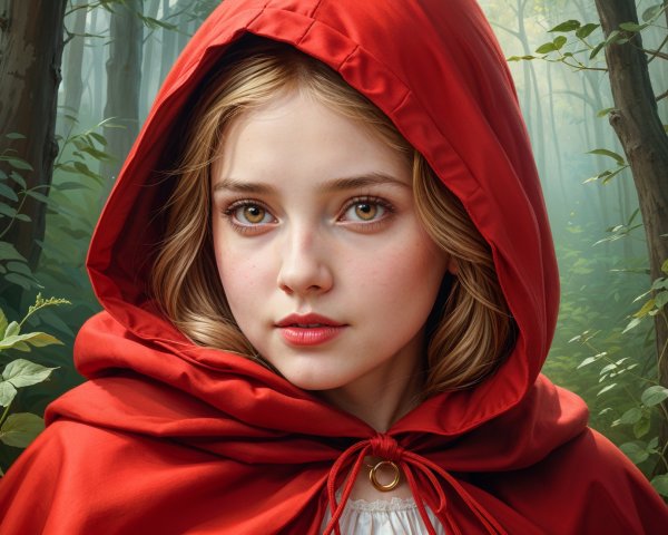 Young girl in red cloak in a lush green forest