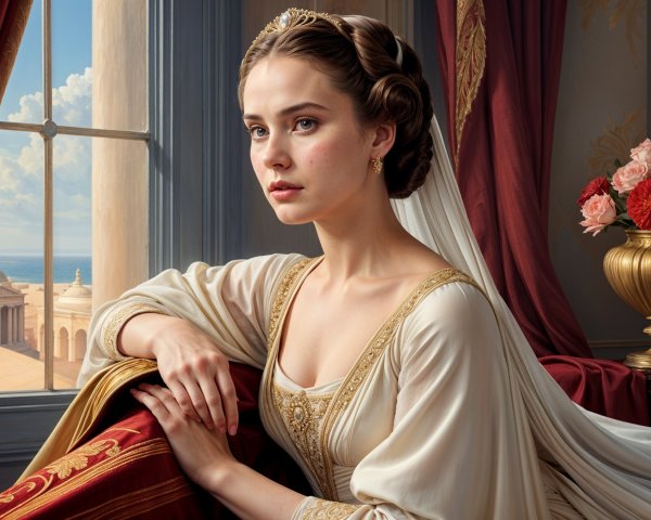 Elegant Woman by Window in Flowing Gown and Veil