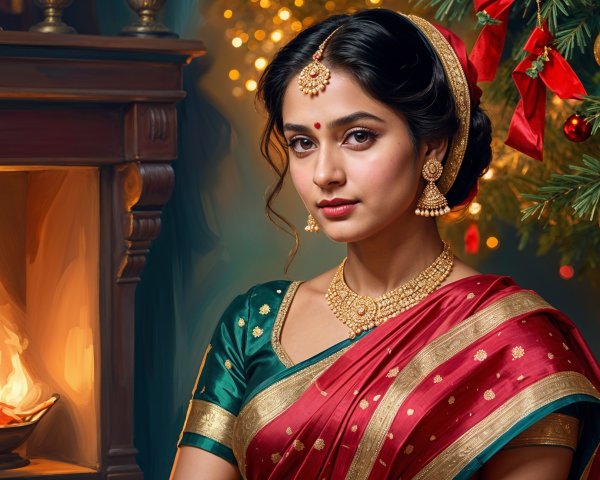 Young Woman in Traditional Saree by Festive Decor