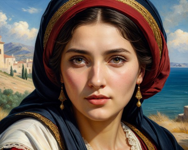 Young Woman in Traditional Attire by Coastal Landscape