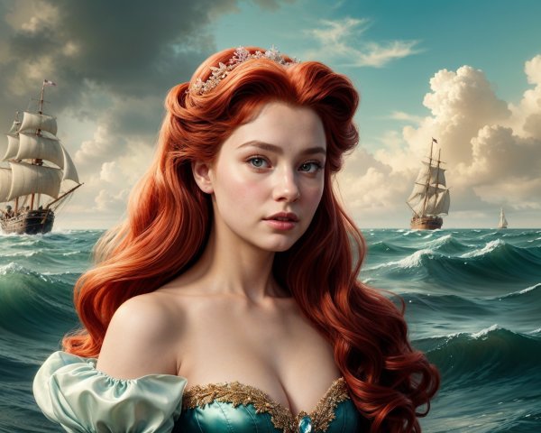 Young woman in teal gown with ships and ocean backdrop
