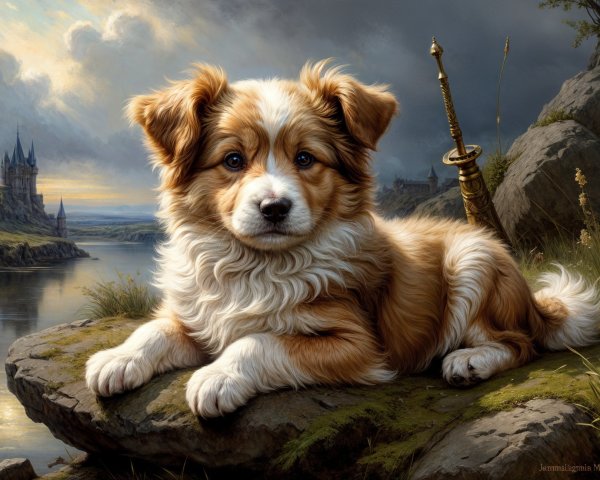 Golden-brown puppy by serene lake with castle backdrop