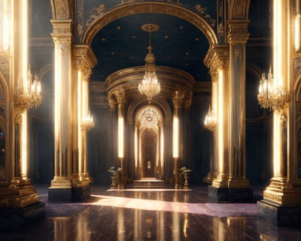 Luxurious Hall with Marble Floors, Golden Columns, and Chandeliers
