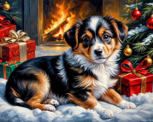 Puppy by Christmas Tree and Fireplace Decorated Scene