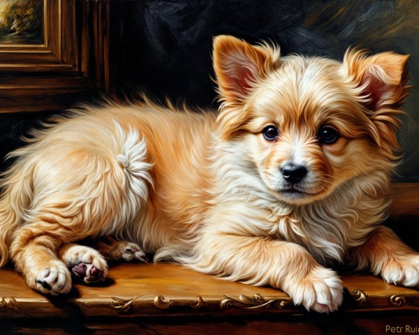 Fluffy Light Tan Puppy on Wooden Ledge