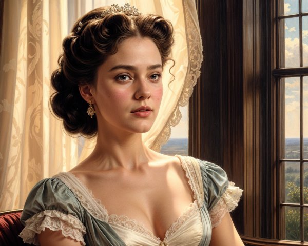 Elegant Woman by Window with Sunlit Landscape