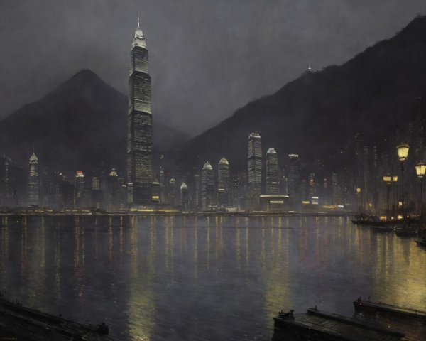 Misty evening cityscape with lit skyline, mountains, and vintage lamps