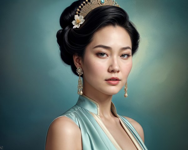 Elegant Woman in Traditional Hairstyle and Pale Blue Garment