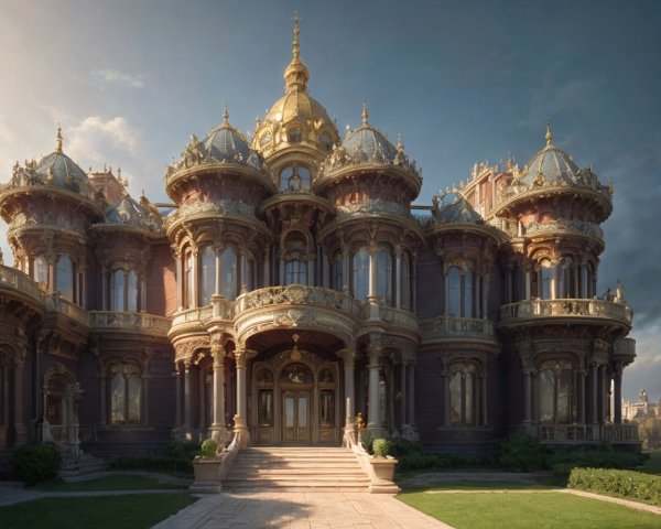 Opulent mansion with intricate architecture and greenery