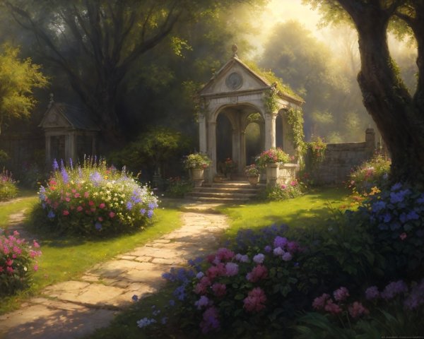 Tranquil garden scene with stone path, archway, and lush flowers