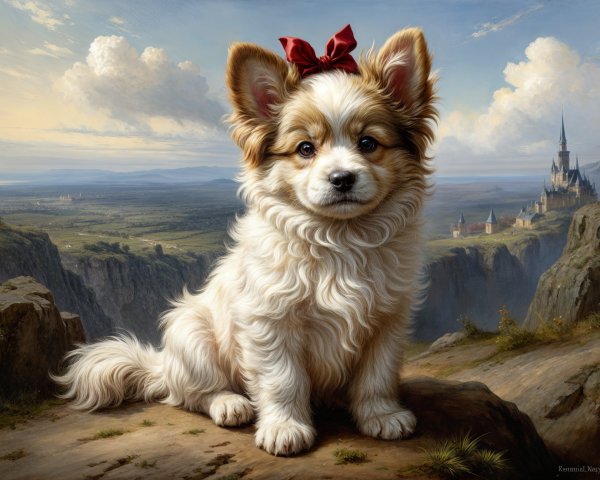 Fluffy Dog with Bow on Rocky Outcrop and Scenic View