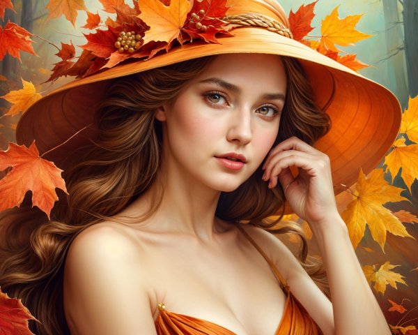 Serene Woman in Autumn Hat Amidst Golden Foliage