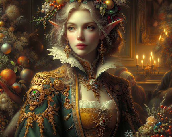 Elf-like Woman in Festive Attire with Holly Wreath