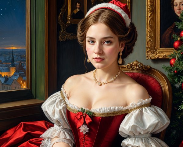 Young woman in red gown by holiday window scene