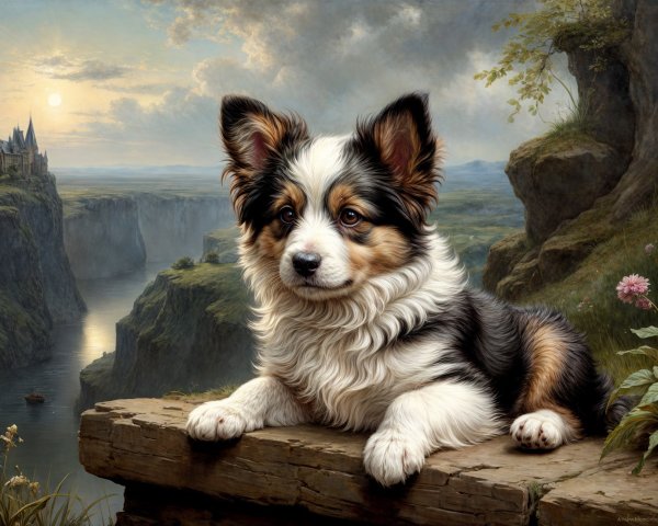 Tri-Colored Puppy on Mossy Rock with Scenic Landscape