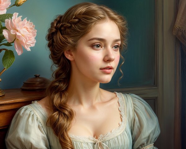 Young Woman in Light Blue Dress with Pink Peonies