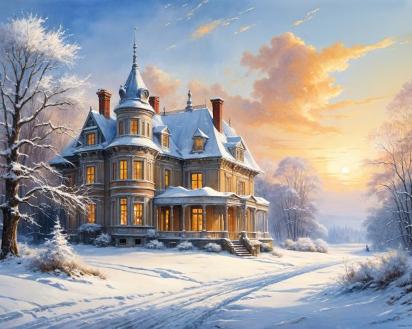Majestic mansion in winter landscape with sunset hues