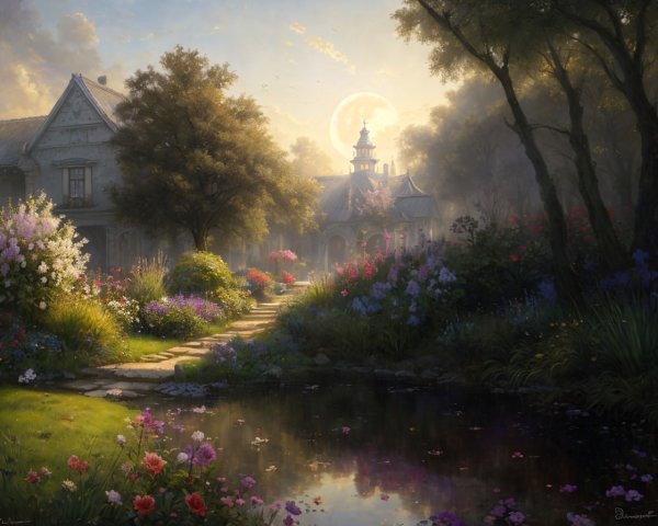 Tranquil moonlit pond with quaint house and lush gardens
