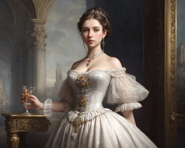 Woman in 19th-Century Ball Gown with Jeweled Brooch and Wine Glass by