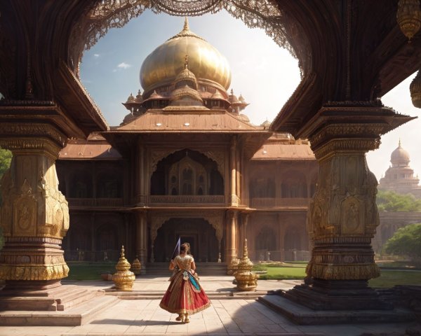 Traditional Indian Attire Woman Admiring Ornate Historical Palace