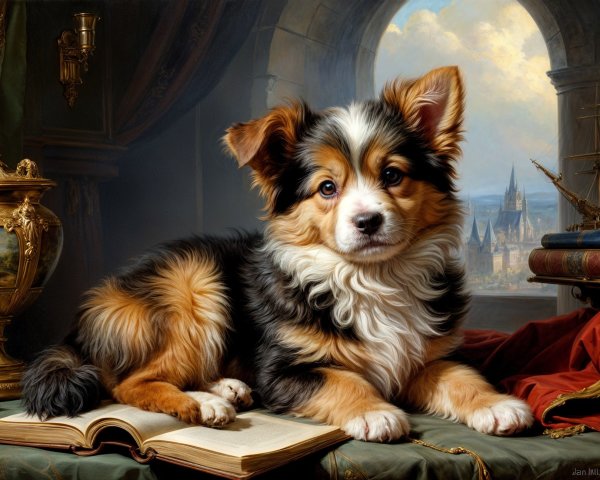 Fluffy Tri-Colored Puppy on Ornate Table with Castle View