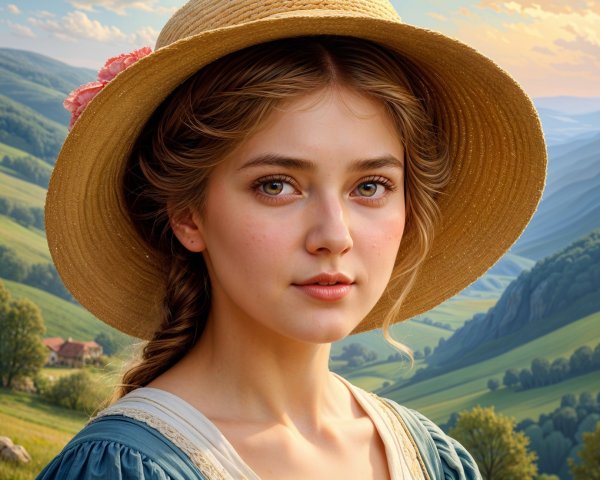 Young Woman in Vintage Dress Amid Serene Landscape