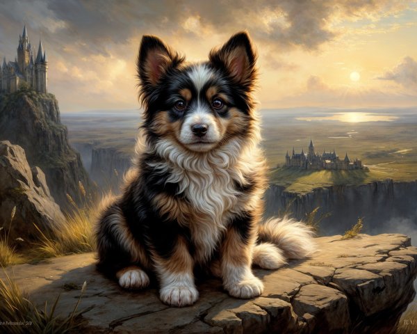 Fluffy Puppy on Rocky Outcrop with Castle Background